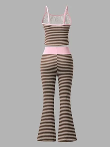SHEIN Sparklyn 两件套少女粉色条纹吊带背心+条纹修身喇叭裤夏季套装 - 彩色 - 查看 2