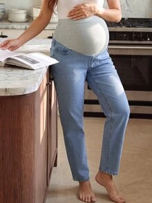 SHEIN Maternity Simple Adjustable Waist Casual Denim Jeans - Medium Wash - View 1