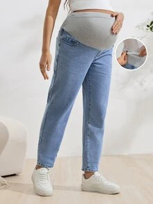 SHEIN Maternity Simple Adjustable Waist Casual Denim Jeans - Medium Wash - View 7