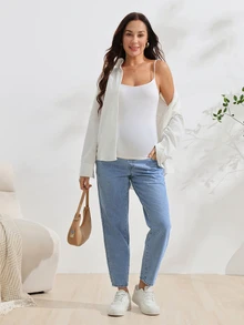 SHEIN Maternity Simple Adjustable Waist Casual Denim Jeans - Medium Wash - View 5
