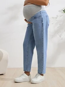 SHEIN Maternity Simple Adjustable Waist Casual Denim Jeans - Medium Wash - View 3