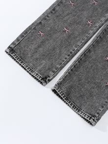 SHEIN 青少年女孩灰色夏季可愛度假開學街頭風波西米亞花卉刺繡套頭毛衣寬鬆寬腿牛仔褲套裝 舞會派對 - 灰色 - 查看 5
