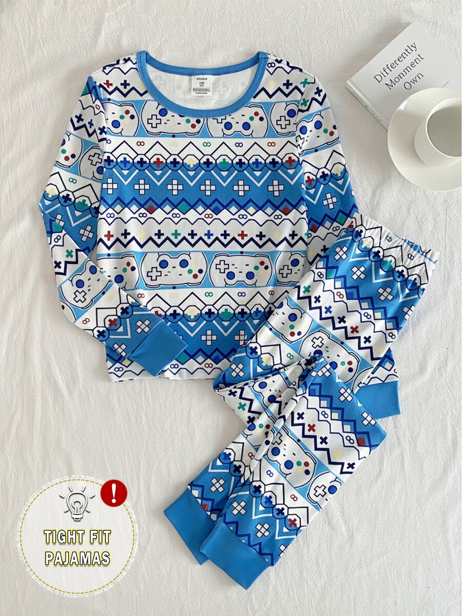 SHEIN Snug Fit Pajamas For Boys, 2-Piece Set, Spring/Summer, Fun Game Console Pattern Design, Soft And Comfortable Skin-Friendly Fabric, Suitable For Children's Home Wear, Promotes Comfortable Sleep And Healthy Growth - Blue - View 1