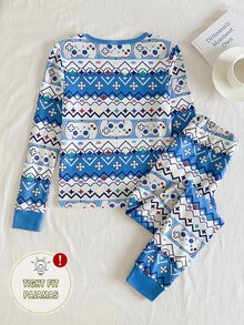 SHEIN Snug Fit Pajamas For Boys, 2-Piece Set, Spring/Summer, Fun Game Console Pattern Design, Soft And Comfortable Skin-Friendly Fabric, Suitable For Children's Home Wear, Promotes Comfortable Sleep And Healthy Growth - Blue - View 2