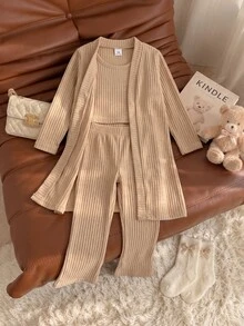 SHEIN Genkimix Kids 少女羅紋針織三件套 純色休閒長版開襟外套、短版背心上衣與喇叭褲 舒適穿搭套裝 - 卡其色 - 查看 1
