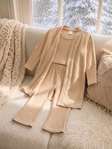 SHEIN Genkimix Kids 少女羅紋針織三件套 純色休閒長版開襟外套、短版背心上衣與喇叭褲 舒適穿搭套裝 - 卡其色 - 查看 6
