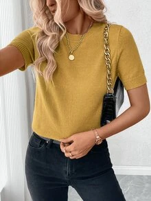Uhlyne Uhlyne Women's Solid Color Simple Daily Round Neck Short Sleeve Knit Top - Mustard Yellow - View 6