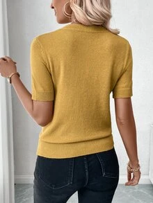 Uhlyne Uhlyne Women's Solid Color Simple Daily Round Neck Short Sleeve Knit Top - Mustard Yellow - View 3