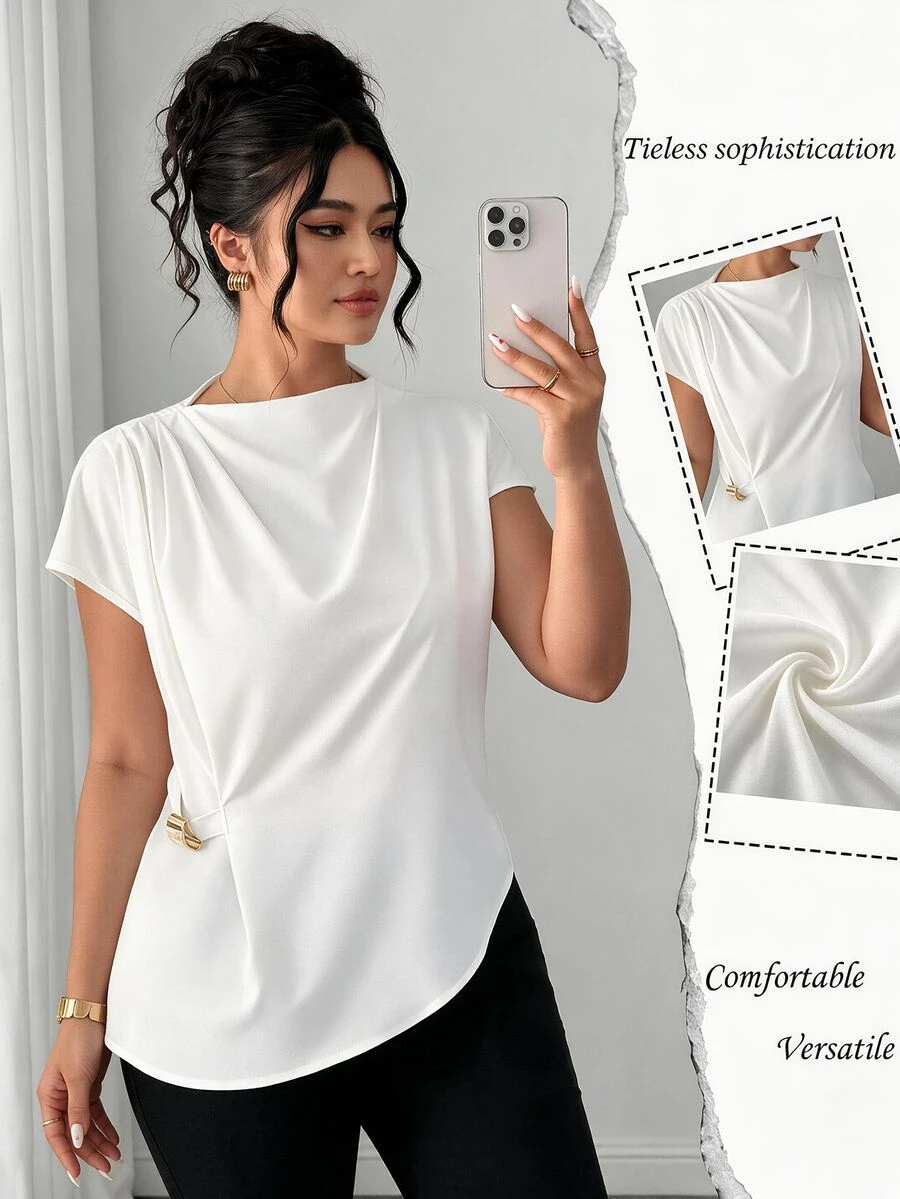 Elenzga Plus Size Women's Elegant Solid Color Asymmetric Waist Ruffle Sleeve Blouse, Refined Metal Button Decor, Suitable For Daily Commute And Casual Outings - White - View 1