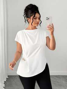 Elenzga Plus Size Women's Elegant Solid Color Asymmetric Waist Ruffle Sleeve Blouse, Refined Metal Button Decor, Suitable For Daily Commute And Casual Outings - White - View 7