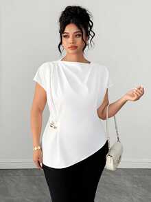 Elenzga Plus Size Women's Elegant Solid Color Asymmetric Waist Ruffle Sleeve Blouse, Refined Metal Button Decor, Suitable For Daily Commute And Casual Outings - White - View 5