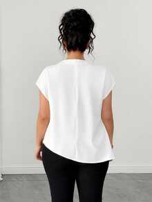 Elenzga Plus Size Women's Elegant Solid Color Asymmetric Waist Ruffle Sleeve Blouse, Refined Metal Button Decor, Suitable For Daily Commute And Casual Outings - White - View 2