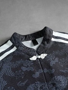 ROMWE MEN Kemeja Lengan Panjang Pria dengan Motif Cetak Seluruh Permukaan dan Pita Kontras - MultiWarna - View 2