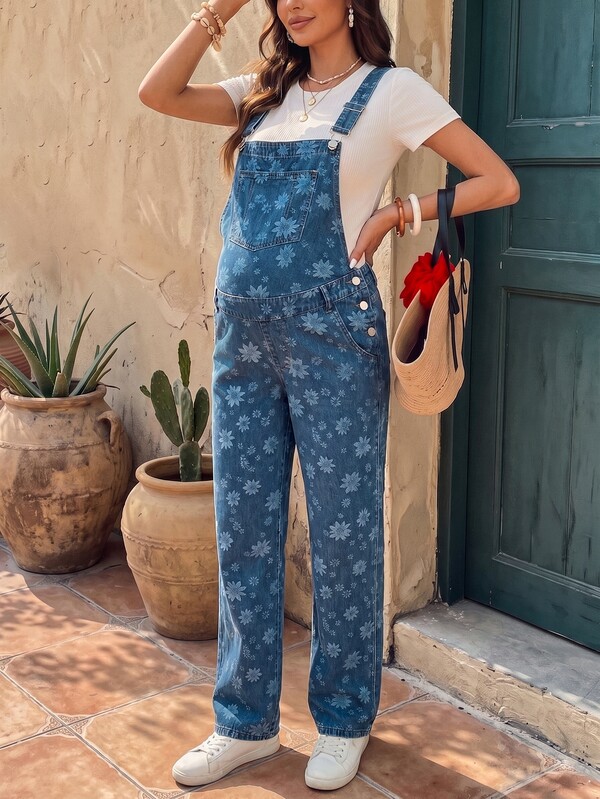 SHEIN Maternity Jacquard Fabric Adjustable Button Pocket Denim Jumpsuit