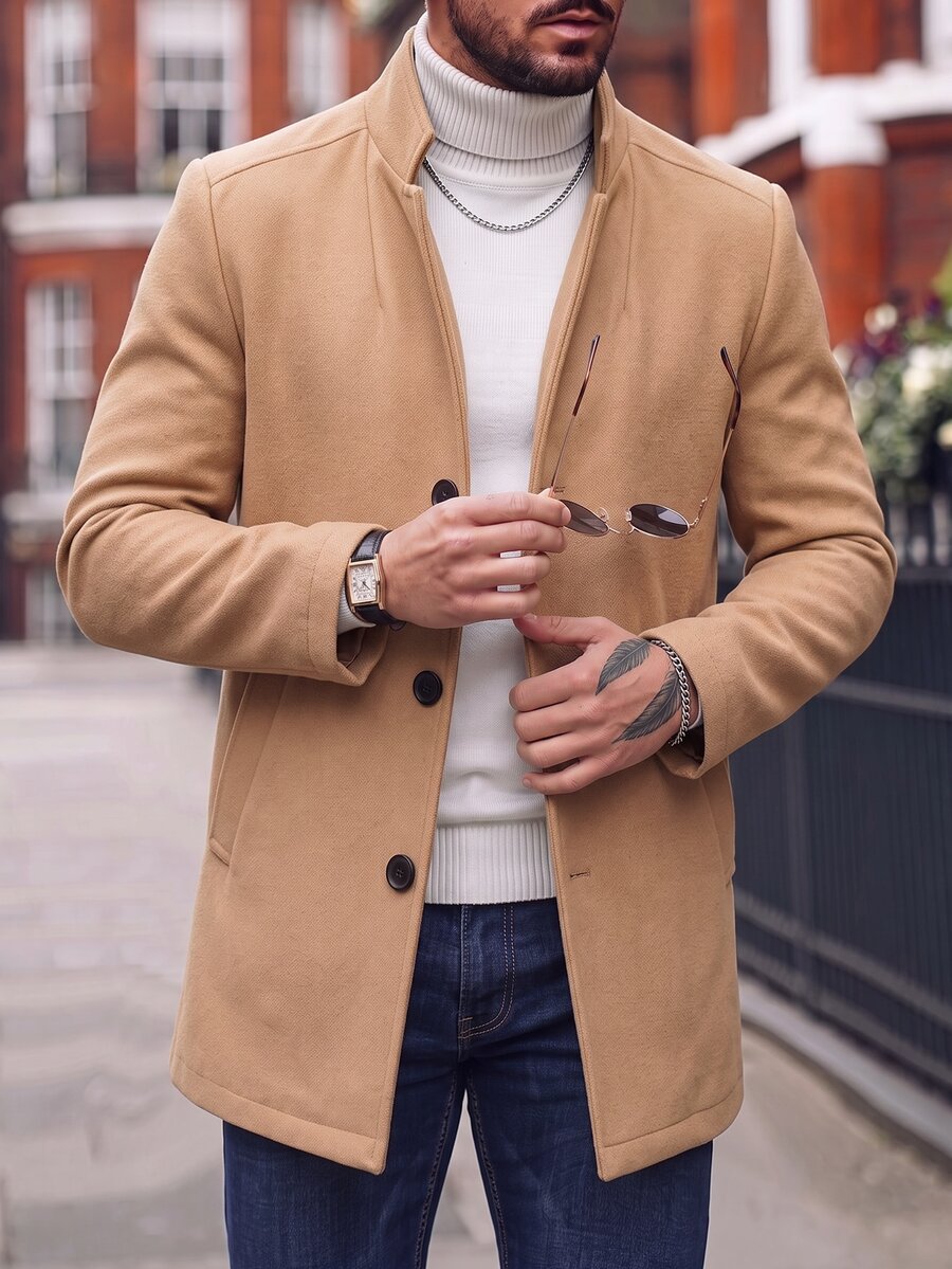 Manfinity Mode Men's Minimalist Button Long Sleeve Overcoat, Fashionable And Versatile - Khaki - View 1