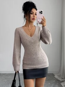 Selianne Women's V-Neck Slim Fit Premium Sweater Top, Autumn/Winter - Khaki - View 2