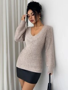Selianne Women's V-Neck Slim Fit Premium Sweater Top, Autumn/Winter - Khaki - View 4