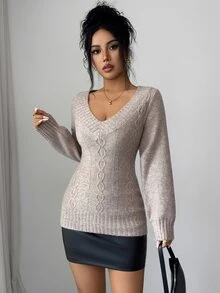 Selianne Women's V-Neck Slim Fit Premium Sweater Top, Autumn/Winter - Khaki - View 6
