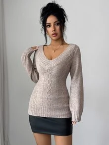 Selianne Women's V-Neck Slim Fit Premium Sweater Top, Autumn/Winter - Khaki - View 5