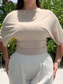 MDEdit Women's Solid Color Round Neck Batwing Sleeve Ruched Design Cropped Fashionable Top Spring - Apricot - View 4