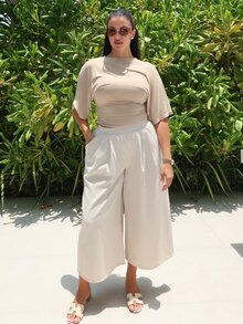MDEdit Women's Solid Color Round Neck Batwing Sleeve Ruched Design Cropped Fashionable Top Spring - Apricot - View 2
