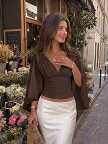 Serisse Women's Solid Color Pleated Design Split Bell Sleeve Fashion Blouse Date Night Night Out Brown Summer Elegant - Brown - View 3