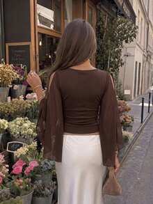 Serisse Women's Solid Color Pleated Design Split Bell Sleeve Fashion Blouse Date Night Night Out Brown Summer Elegant - Brown - View 2