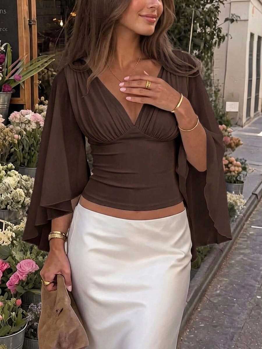 Serisse Women's Solid Color Pleated Design Split Bell Sleeve Fashion Blouse Date Night Night Out Brown Summer Elegant - Brown - View 1