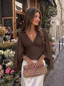 Serisse Women's Solid Color Pleated Design Split Bell Sleeve Fashion Blouse Date Night Night Out Brown Summer Elegant - Brown - View 5