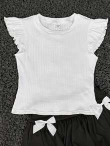 Coolane Kids Tween Girls Four Seasons Streetwear Vacation Ruffle Trim Solid White Tee - White - View 6