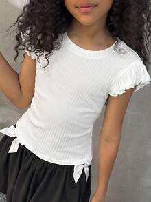 Coolane Kids Tween Girls Four Seasons Streetwear Vacation Ruffle Trim Solid White Tee - White - View 5