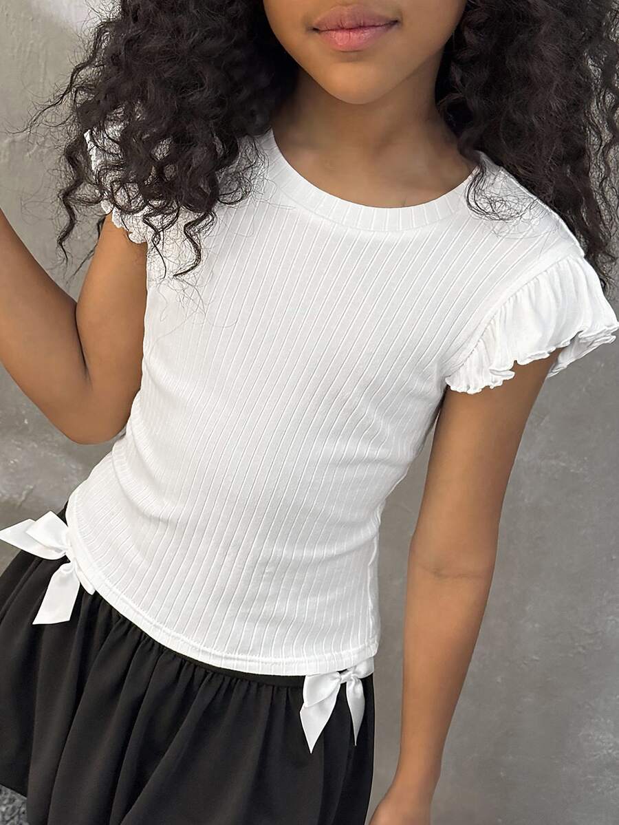 Coolane Kids Camiseta blanca lisa con volantes para niñas preadolescentes, ropa de calle de verano para vacaciones - Blanco - Ver 1