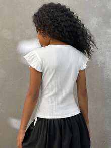 Coolane Kids Tween Girls Four Seasons Streetwear Vacation Ruffle Trim Solid White Tee - White - View 2