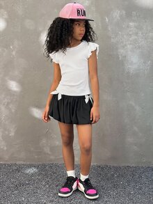 Coolane Kids Tween Girls Four Seasons Streetwear Vacation Ruffle Trim Solid White Tee - White - View 4
