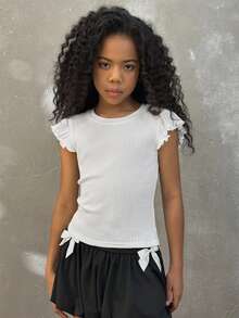 Coolane Kids Tween Girls Four Seasons Streetwear Vacation Ruffle Trim Solid White Tee - White - View 7