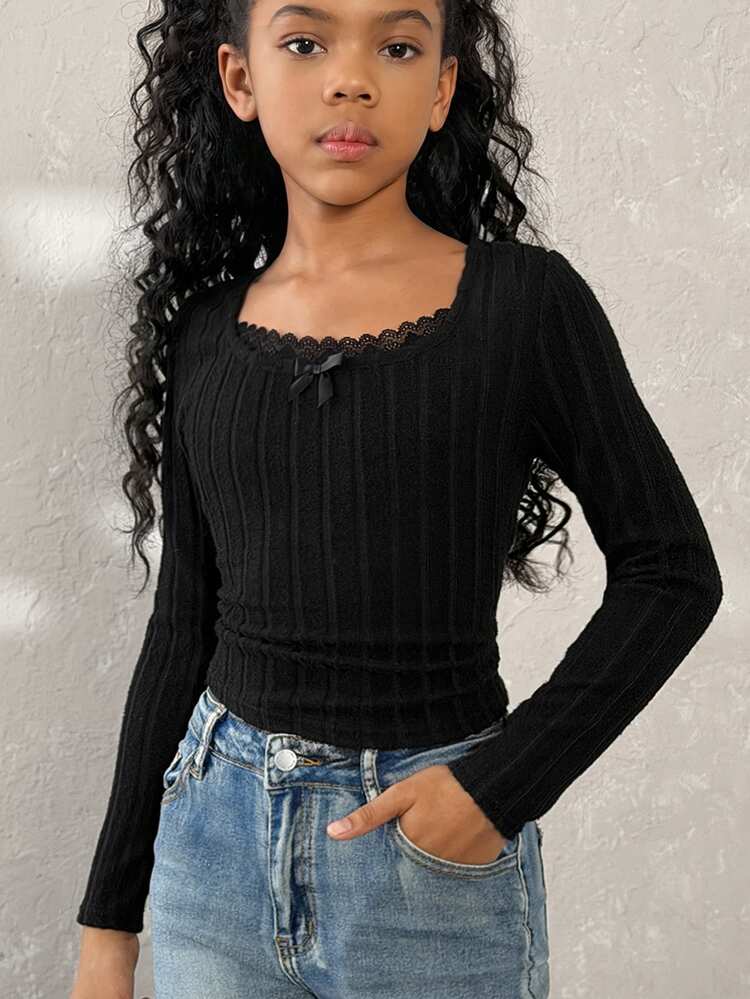 Coolane Kids Tween Girls Spring/Summer,Basic Daily Wear Essentials,Cute Black Lace Slim Fit Long Sleeve T-Shirt,New Year Winterchristmas,Clothes For New Year - Black - View 1