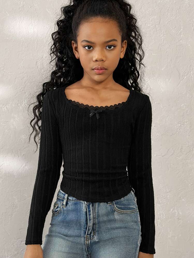 Coolane Kids Tween Girls Spring/Summer,Basic Daily Wear Essentials,Cute Black Lace Slim Fit Long Sleeve T-Shirt,New Year Winterchristmas,Clothes For New Year - Black - View 2