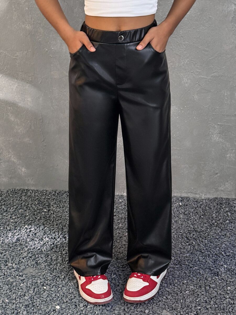 Coolane Tween Girls Fall/Winter Solid Color Casual Straight Leg Pants With Pockets,Basic,Daily Wear,Leather,Comfortable,Warm/ Cold Weather/ Thermal - Black - View 1