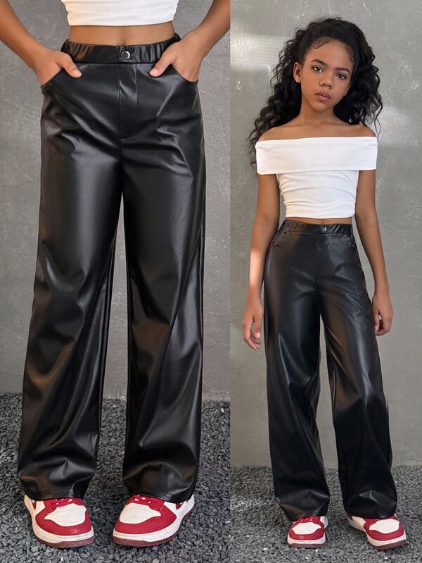 Coolane Pantaloni drepți casual de culoare uni pentru fete preadolescente, cu buzunare