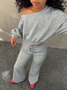 Coolane Kids 青少年女孩两件套女士灰色不对称领口运动衫和喇叭裤套装 - 灰色 - 查看 6