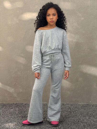 Coolane Kids Tween Girls Fall/Winter,Streetwear,2pcs/Set,Warm/ Cold Weather/ Thermal,Comfortable Gray Asymmetric Neck Sweatshirt And Comfortable Flare Sweatpants Set, ,Christmas