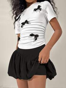 SHEIN Tween Girls Summer, 2-Piece Set, White Top With Black Bow + Black Bubble Skirt ,Back To School,Homecoming - Black and White - View 2