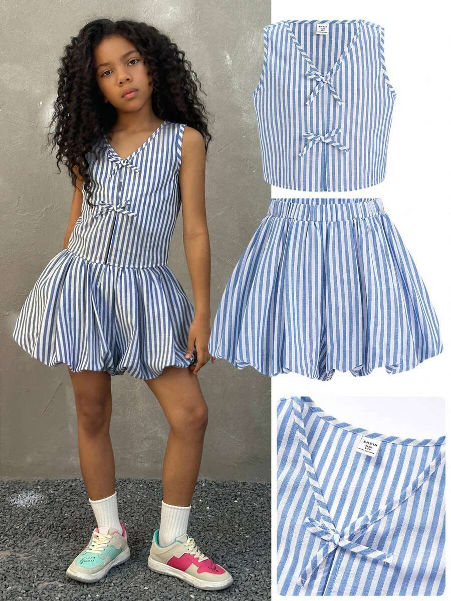 Coolane Kids Tween Girls Spring/Summer Streetwear Y2K Crop Tops Tank Tops Bubble Skirts Two Pieces Outfits - Blue and White - View 1