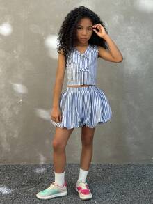 Coolane Kids 少女春夏街头风 Y2K 露脐上衣、背心、泡泡裙两件套 - 藍白色 - 查看 5