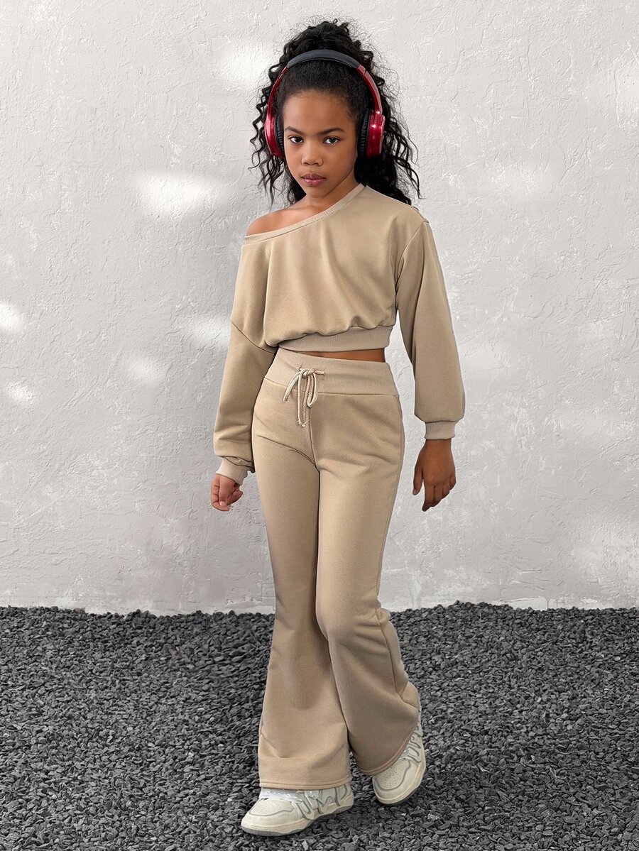 Coolane Kids Tween Girls Fall/Winter,2pcs/Set Brown Asymmetric Neck Sweatshirt And Flare Sweatpants Set,Christmas,New Year ,Thanksgiving - Khaki - View 1