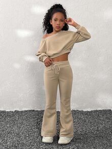Coolane Kids Setelan 2 Potong/Set Sweatshirt Leher Asimetris Cokelat dan Celana Panjang Model Flare untuk Anak Perempuan Remaja Musim Gugur/Dingin, Cocok untuk Natal, Tahun Baru, dan Thanksgiving. - Khaki - View 3