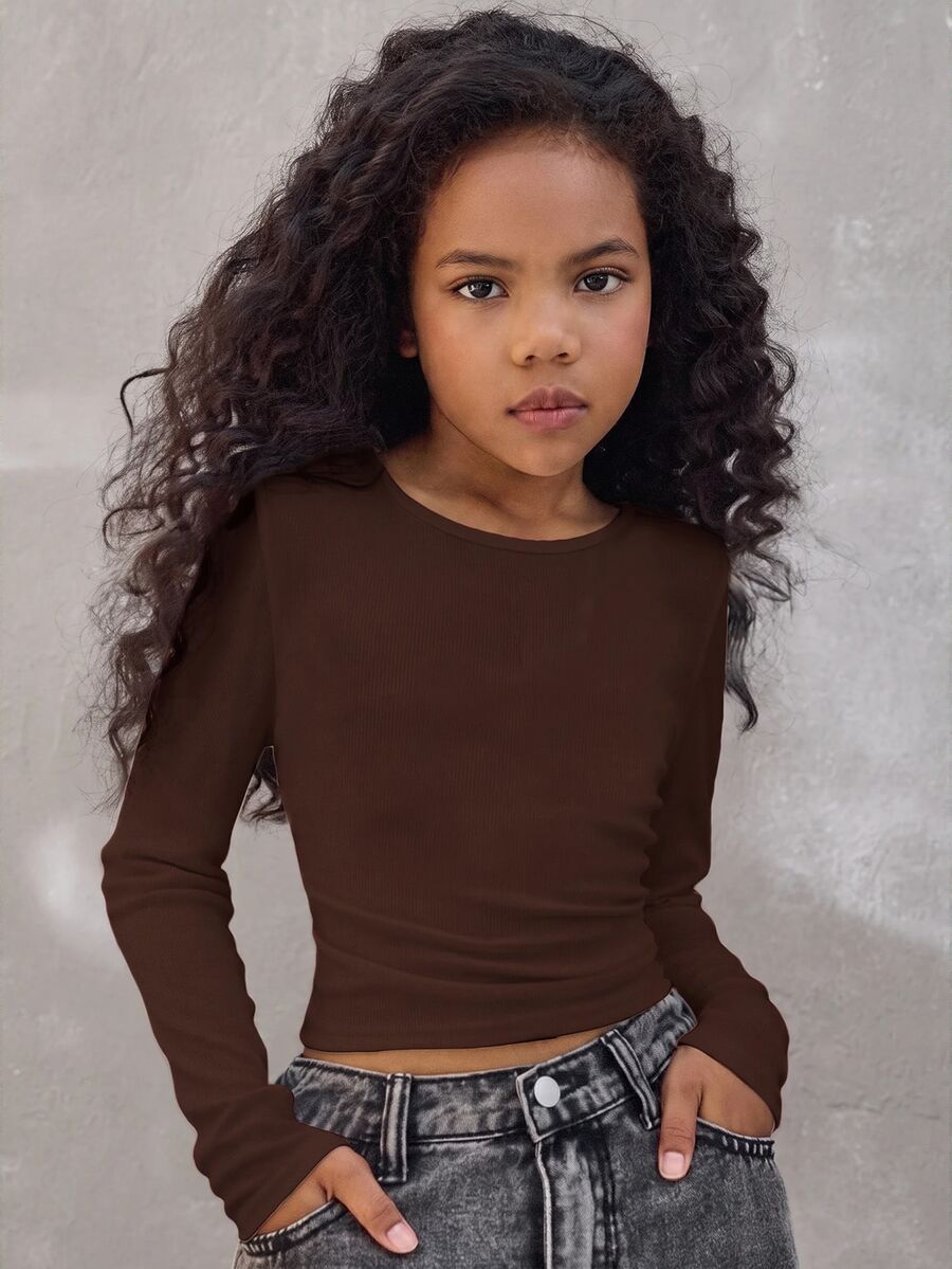 Coolane Tween Girls Winter Solid Ruched Side Crop Brown Polyester Lightweight Breathable Year/Thanksgiving/Party/Elegant/Chic SchoolSummer - Brown - View 1