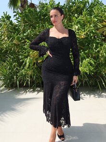 MDEdit Gaun Duyung Ketat Lengan Panjang Motif Bunga 3D Jacquard Retro Romantis untuk Wanita, Gaun Pesta Teh - Hitam - View 1