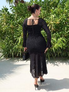 MDEdit Gaun Duyung Ketat Lengan Panjang Motif Bunga 3D Jacquard Retro Romantis untuk Wanita, Gaun Pesta Teh - Hitam - View 2