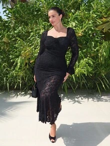 MDEdit Gaun Duyung Ketat Lengan Panjang Motif Bunga 3D Jacquard Retro Romantis untuk Wanita, Gaun Pesta Teh - Hitam - View 3